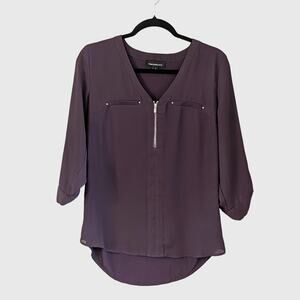 Fortune + Ivy Plum Zip Front Blouse V-Neck Top M Mixed Media High Low 3/4 Sleeve